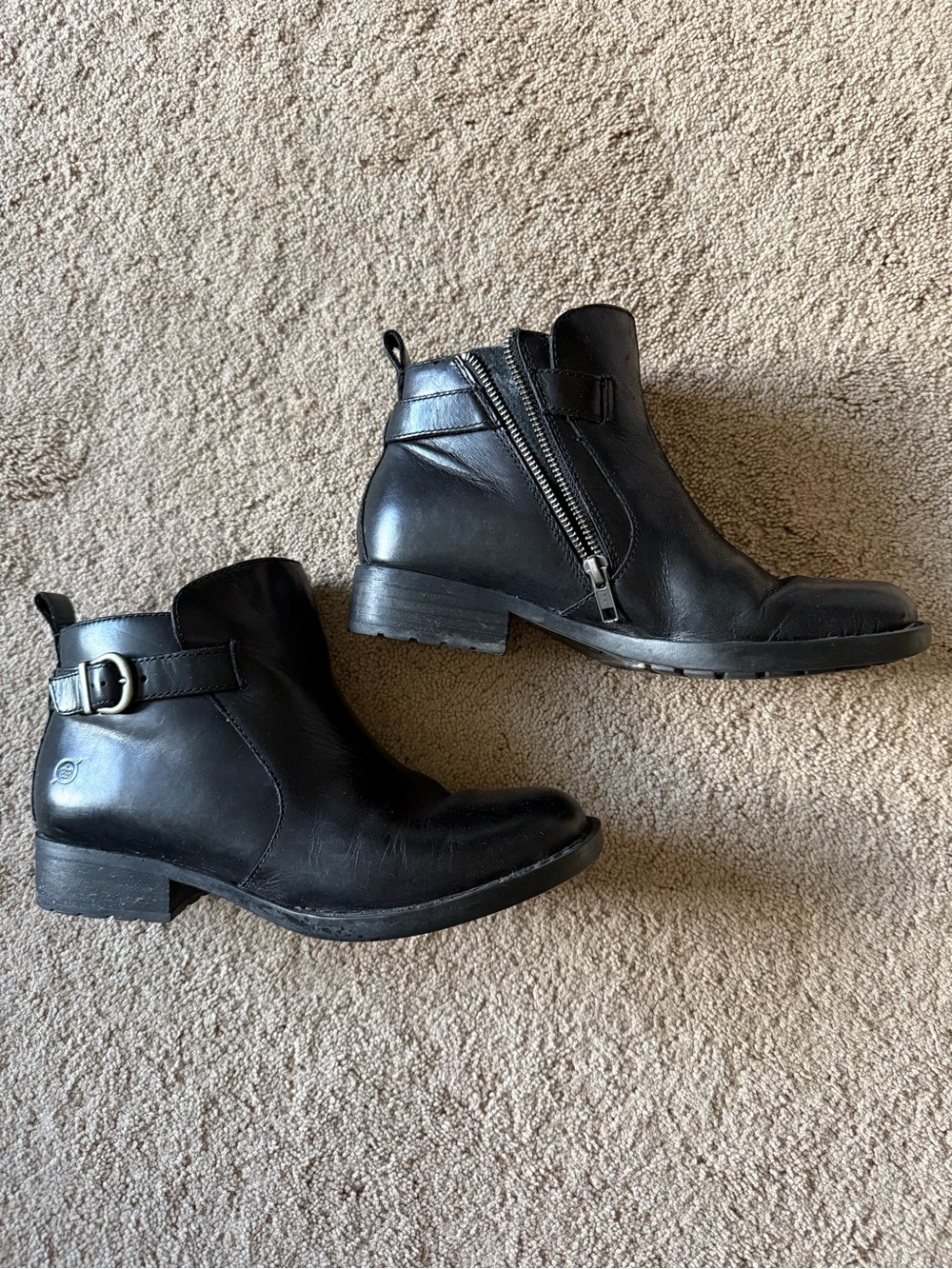 Born Black Leather Ankle Boots with Side Zip & Buckle Detail - Women size 8